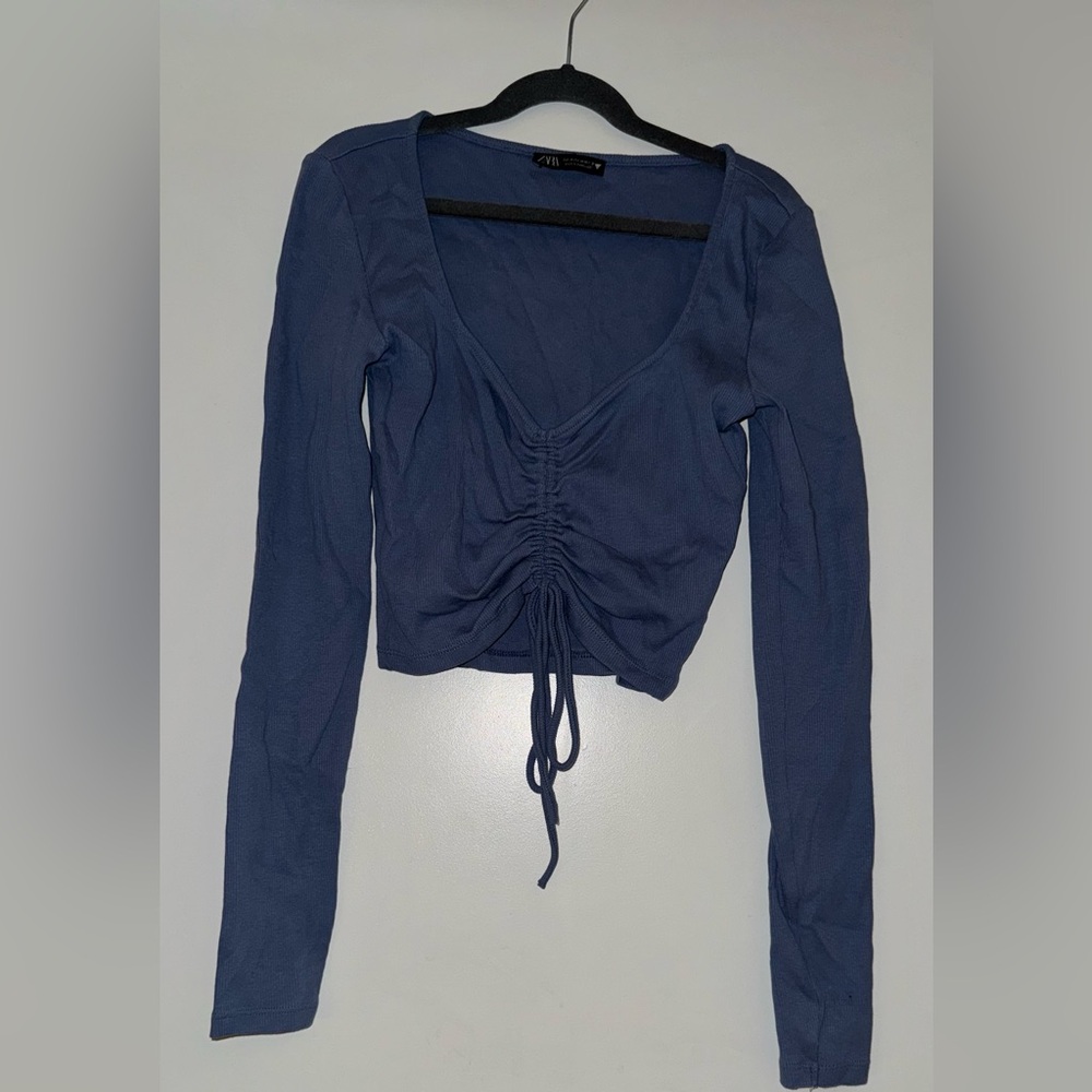 Zara Long Sleeve Ruched Crop Top - Blue